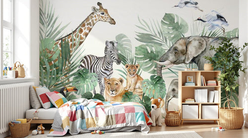 Design B015 — Papier peint Safari aquarelle familles animaux et monstera — Novomur