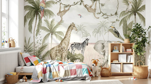 Design B020 — Papier peint Safari aquarelle palmiers lianes pastel — Novomur
