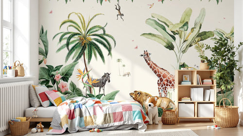 Design B022 — Papier peint Safari aquarelle palmiers fleurs tropicales — Novomur