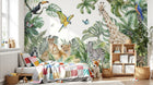Design B025 — Papier peint Safari aquarelle ara bleu et monstera — Novomur