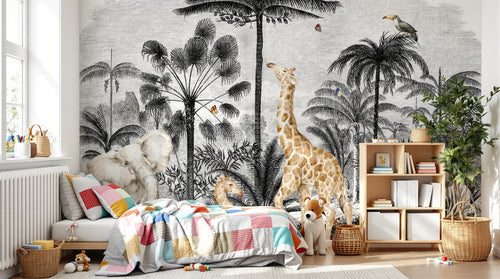 Design B030 — Papier peint Safari gravure noir blanc animaux en couleur — Novomur