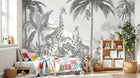 Design B034 — Papier peint Safari gravure monochrome gris palmiers — Novomur