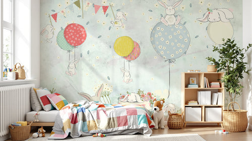 Design FC335 — Papier peint Lapins ballons aquarelle enfant — Novomur