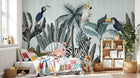 Design SL0029 — Papier peint Jungle moderne animaux exotiques fond bois bleu — Novomur