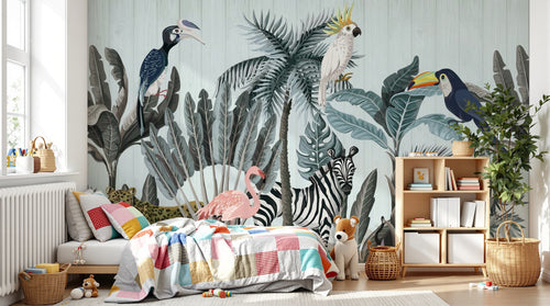 Design SL0029 — Papier peint Jungle moderne animaux exotiques fond bois bleu — Novomur
