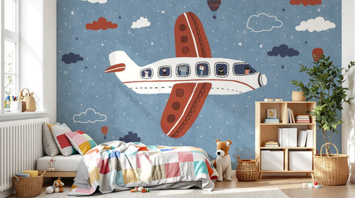 Design SL0046 — Papier peint Avion enfant animaux montgolfieres ciel — Novomur
