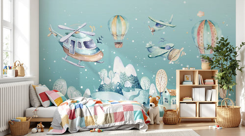 Design SL0064 — Papier peint Helicoptere avions montgolfieres village hiver — Novomur