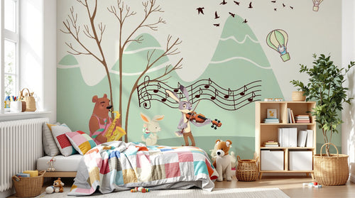 Design SL0205 — Papier peint Animaux musiciens montgolfieres montagne — Novomur