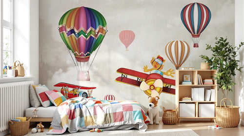Design SL0326 — Papier peint Montgolfieres avions enfants animaux ciel — Novomur