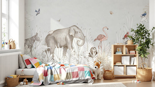 Design SL0327 — Papier peint Safari pastel feuillage tropical animaux — Novomur