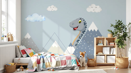 Design SL0445 — Papier peint Dinosaure mignon montagnes nuages cartoon — Novomur