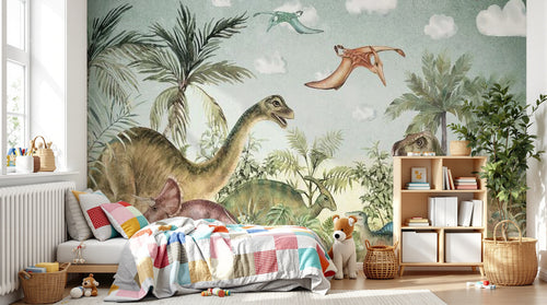 Design SL0485 — Papier peint Dinosaures jungle prehistorique aquarelle — Novomur