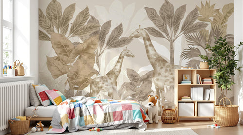 Design SL0524 — Papier peint Girafes palmes sepia beige vintage — Novomur