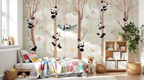 Design SL0581 — Papier peint Pandas grimpants ballons hamacs enfant — Novomur