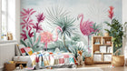 Design SL0677 — Papier peint Flamants roses jungle hibiscus aquarelle — Novomur