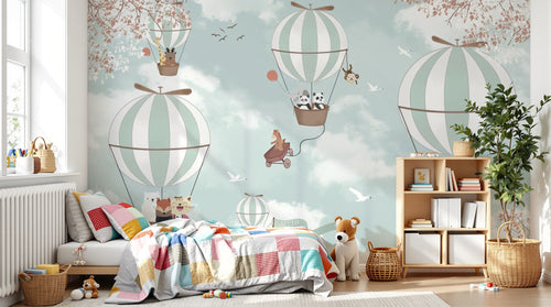 Design SL0792 — Papier peint Montgolfieres animaux ciel enfant — Novomur