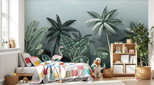 Design SL0830 — Papier peint Jungle dense flamants singe vert sombre — Novomur