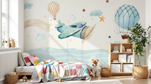 Design SL0876 — Papier peint Avion papier montgolfiere mer aquarelle — Novomur