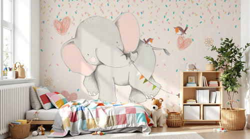 Design ZX0593 — Papier peint Elephants lapin charrette confettis enfant — Novomur