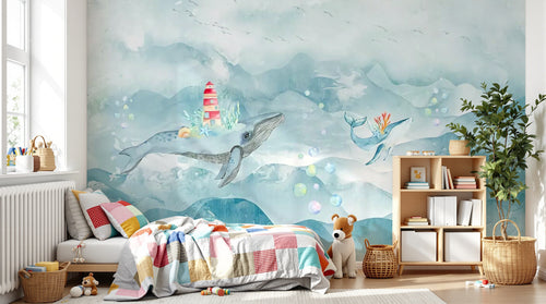 Design ZX0790 — Papier peint Baleines ocean phare aquarelle enfant — Novomur