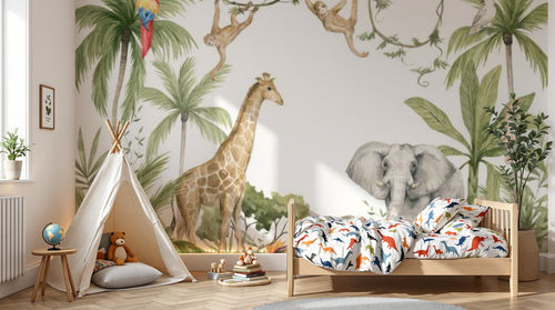 Design B001 — Papier peint Safari aquarelle animaux & palmiers — Novomur