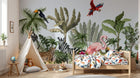 Design B005 — Papier peint Jungle stylisee animaux et flamants roses — Novomur