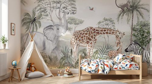 Design B007 — Papier peint Savane africaine acacias et animaux — Novomur