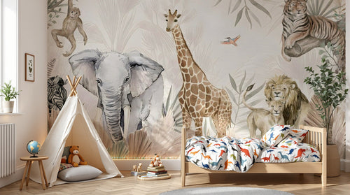 Design B009 — Papier peint Safari pastel rose et sauge animaux varies — Novomur