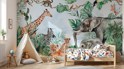 Design B011 — Papier peint Safari jungle vert vif animaux nombreux — Novomur