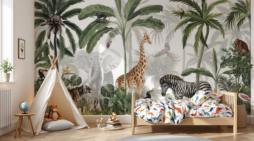 Design B012 — Papier peint Safari panoramique jungle dense multi-animaux — Novomur