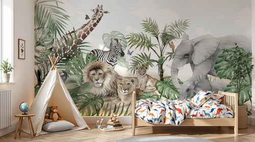 Design B013 — Papier peint Safari panoramique familles animaux — Novomur