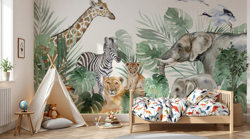 Design B015 — Papier peint Safari aquarelle familles animaux et monstera — Novomur