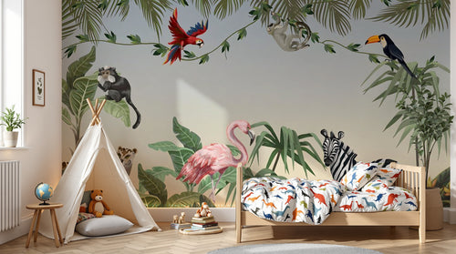 Design B019 — Papier peint Jungle vibrante illustree animaux exotiques — Novomur