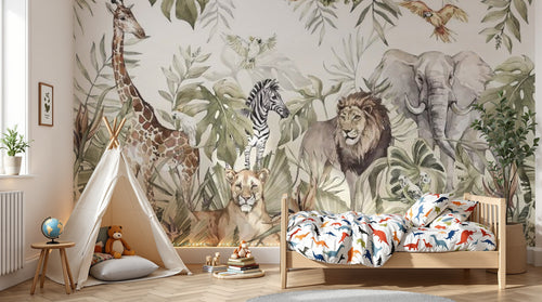 Design B024 — Papier peint Safari aquarelle vert sauge animaux multiples — Novomur