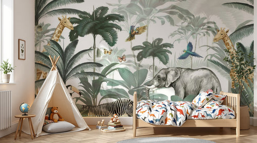 Design B029 — Papier peint Safari aquarelle vert sauge elegant — Novomur