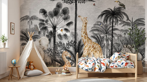 Design B030 — Papier peint Safari gravure noir blanc animaux en couleur — Novomur