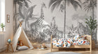 Design B034 — Papier peint Safari gravure monochrome gris palmiers — Novomur