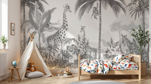 Design B034 — Papier peint Safari gravure monochrome gris palmiers — Novomur