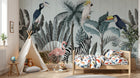 Design SL0029 — Papier peint Jungle moderne animaux exotiques fond bois bleu — Novomur