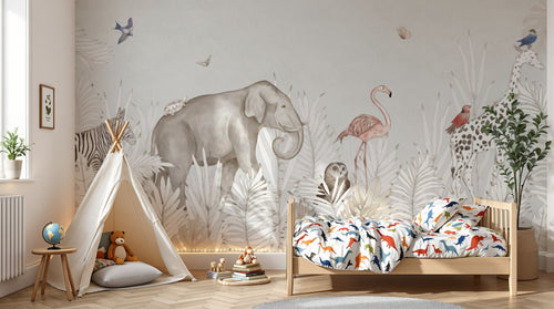 Design SL0327 — Papier peint Safari pastel feuillage tropical animaux — Novomur