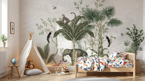 Design SL0444 — Papier peint Jungle sauge singe elephant aquarelle — Novomur