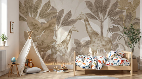 Design SL0524 — Papier peint Girafes palmes sepia beige vintage — Novomur
