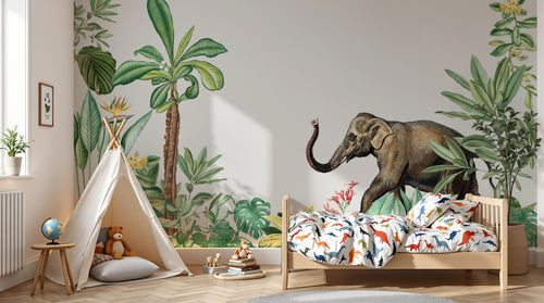 Design SL0779 — Papier peint Elephant jungle palmiers oiseaux paradis — Novomur