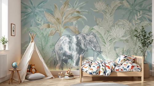 Design SL0824 — Papier peint Elephant jungle vert beige aquarelle vintage — Novomur