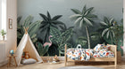 Design SL0830 — Papier peint Jungle dense flamants singe vert sombre — Novomur