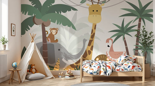 Design SL0843 — Papier peint Animaux jungle cartoon enfant stylise — Novomur
