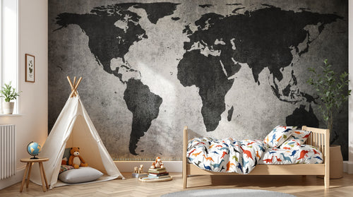 Design ZX0129 — Papier peint Carte monde noire fond grunge gris — Novomur