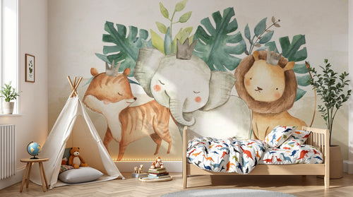 Design ZX0699 — Papier peint Tigre elephant lion aquarelle enfant — Novomur