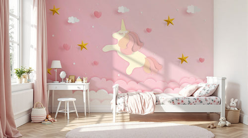 Design SL0453 — Papier peint Licorne papier rose etoiles enfant — Novomur