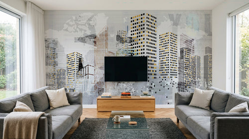 Design SL0022 — Papier peint Gratte-ciel street art jaune fond gris — Novomur